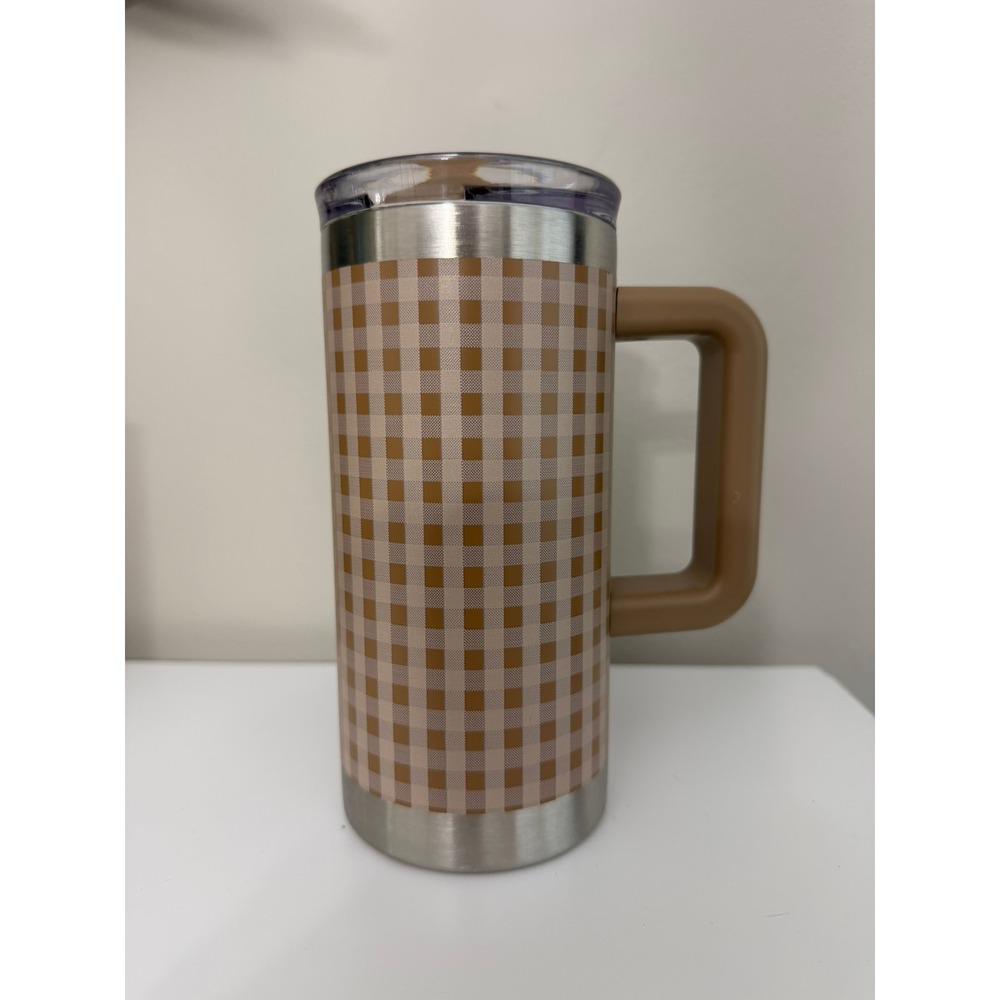 Hearth & Hand Vacuum Mug Unisex 21oz Tan Gingham Stainless Steel NWT